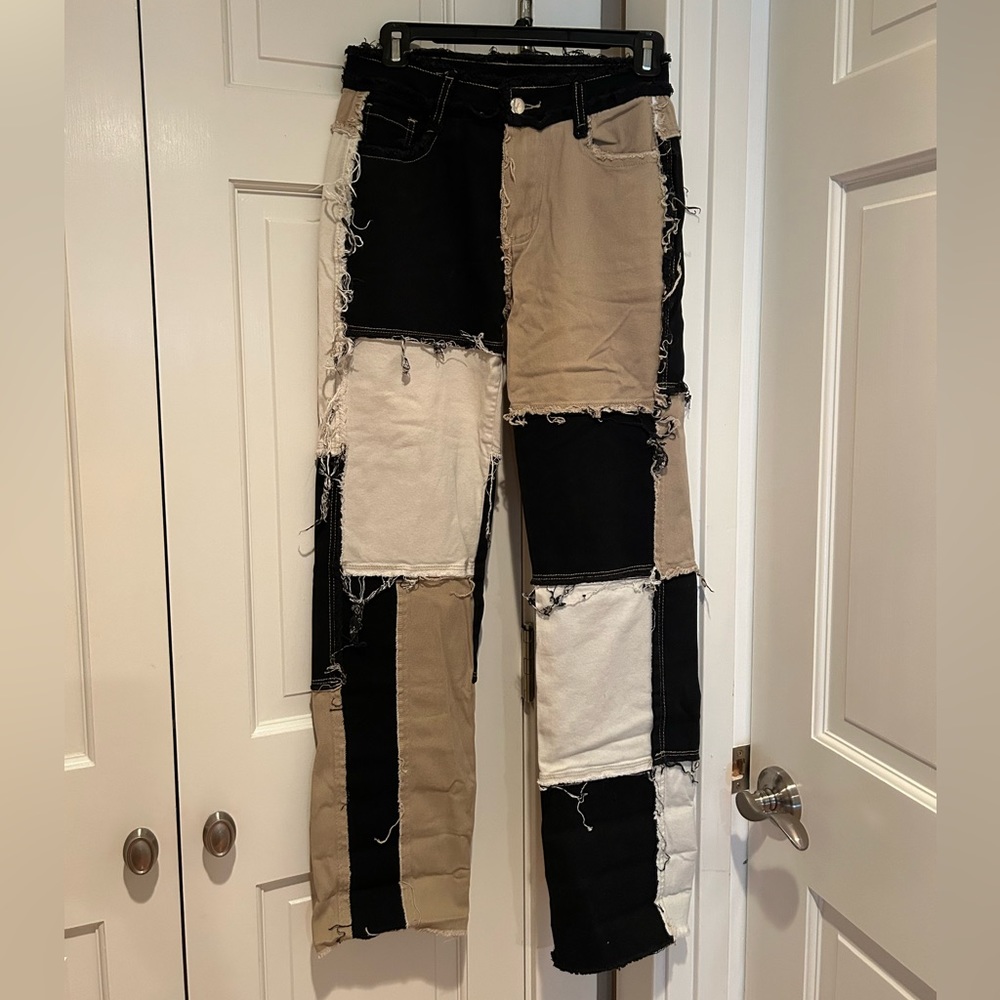 Brown/black/white patchwork pants. Size S